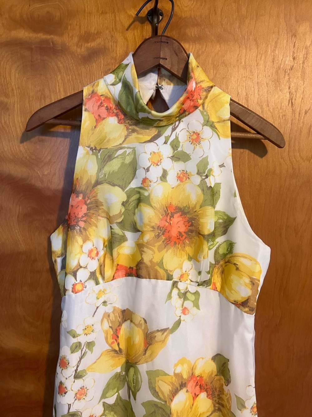 Vintage Yellow Floral Halter Maxi Dress, chest 34 in - Picture 2 of 7